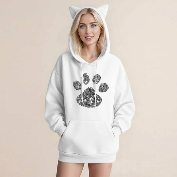 Sakmal Womens Hooded Sweatshirts Cute Fall White Tops Comfy Dog Paw Print Hoodies for Women