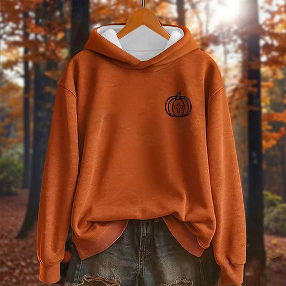 Sakmal Womens Hoodies Thanksgiving Drawstring Orange Pumpkin Print Tops Loose Fit Hoodies for Women