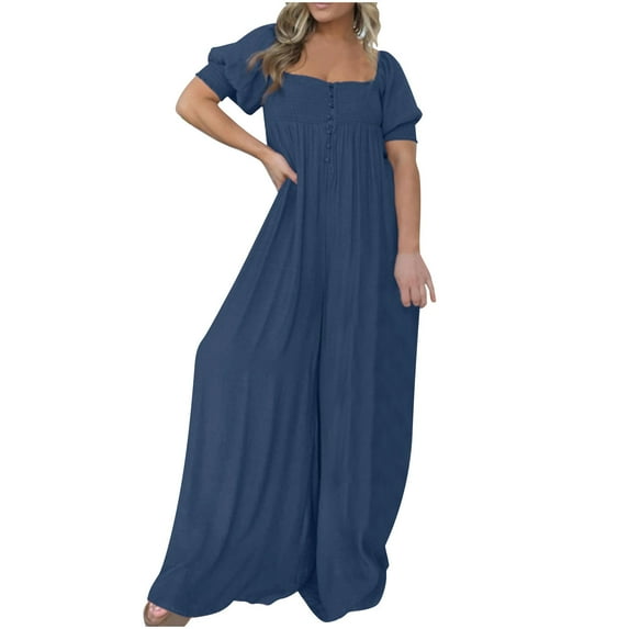 Sakmal Womens Jumpsuit Cotton Boho Solid Wide Leg Overalls Long Square Neck Blue Short Sleeve Pants with Pockets