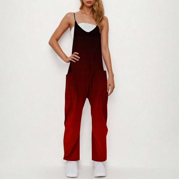 Sakmal Womens Jumpsuit Red Sleeveless Workout Plus Size Overalls Long Straight Leg V Neck Gradient Pants with Pockets