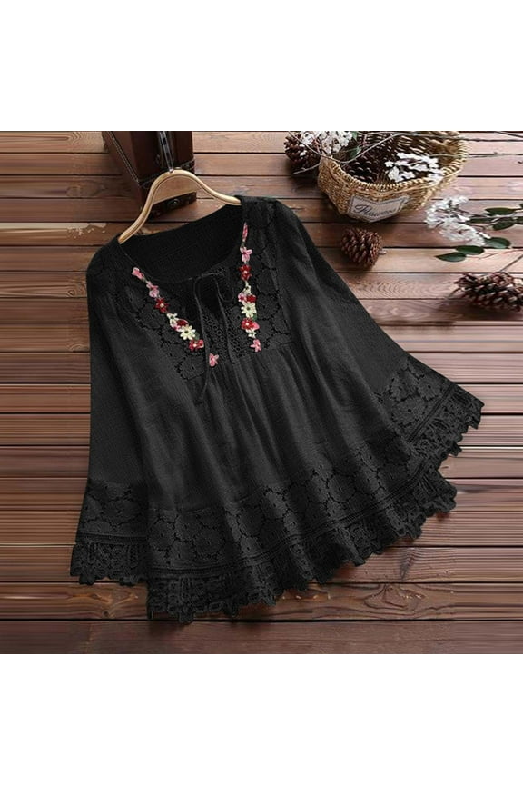 Womens Lace Blouses Long Sleeve Elegant Flutter Black Shirts Crew Neck Cotton Blouses Workout Tops for Women