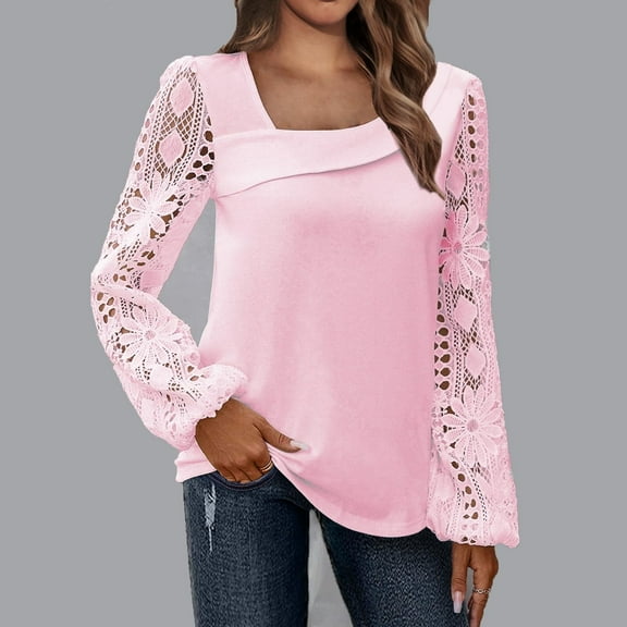 Sakmal Womens Lace Shirt Sexy Pink Long Sleeve Shirts Square Neckline Blouses Womens Workout Tops