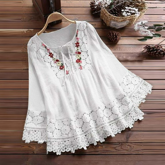 Sakmal Womens Long Sleeve Blouses White Elegant Flutter Lace Shirts Cotton Crew Neck Blouses for Women Dressy Casual