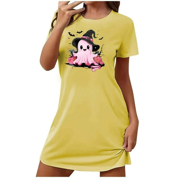 Sakmal Womens Moomoo Nightgowns Halloween Cute Sleepwear Yellow Ghost and Pumpkin Print Short Sleeve Nightgowns