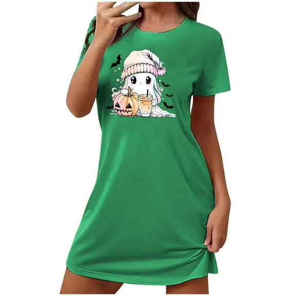 Sakmal Womens Nightgown Cute Halloween House Dress Ghost and Pumpkin Print Short Sleeve Green Nightgowns