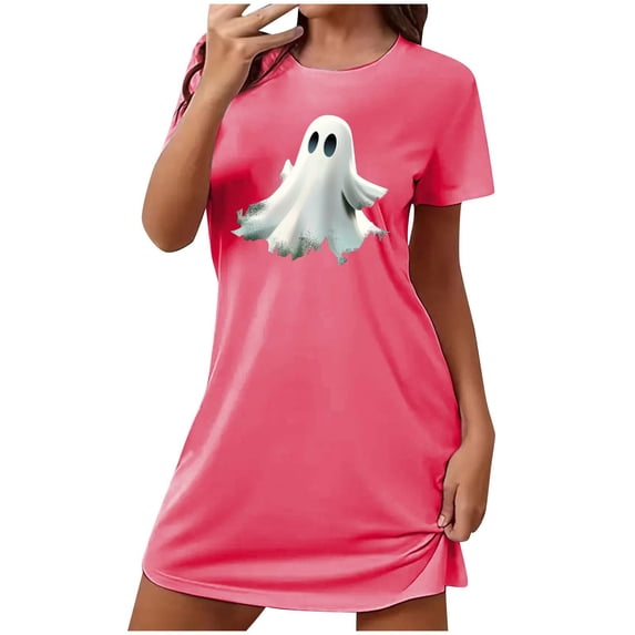 Sakmal Womens Nightgown Cute Halloween Pajama Dress Short Sleeve Pink Ghost Print Nightgowns