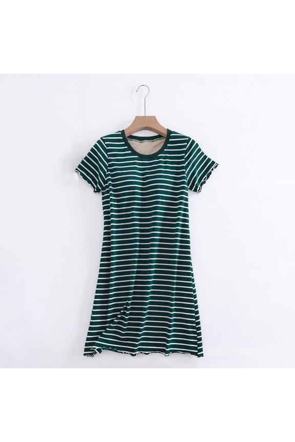 Womens Nightgown Soft 100% Cotton Comfy Pajama Dress Green Striped Short Sleeve Nightgowns