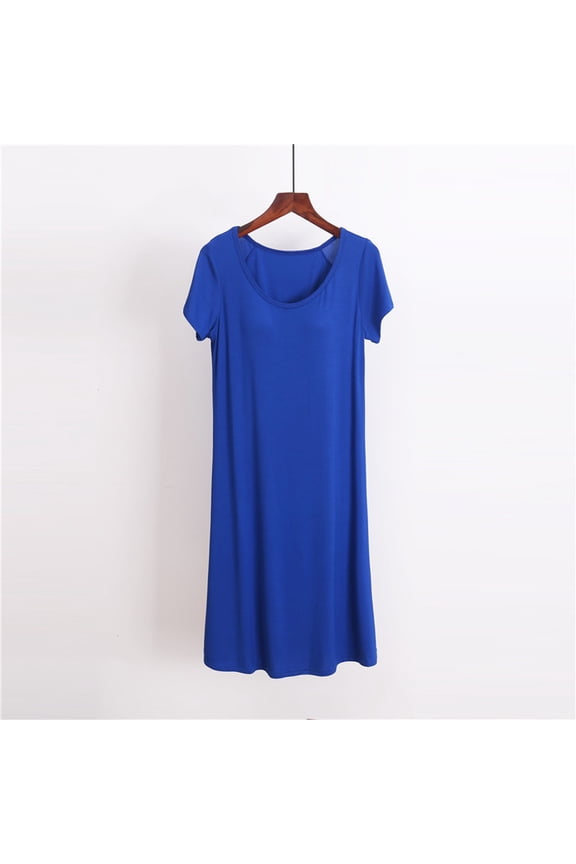 Womens Nightgown Soft Modal Pajama Dress Blue Short Sleeve Nightgowns