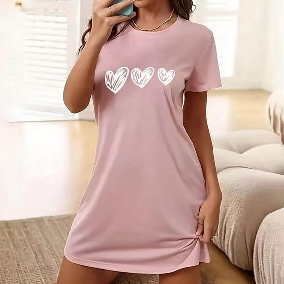 Sakmal Womens Nightgown Soft Cute Comfy Pajama Dress Short Sleeve Hearts Print Pink Nightgowns
