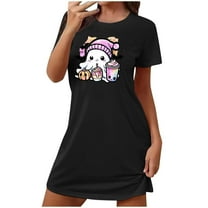 Sakmal Womens Nightgown Soft Cute Halloween Nightshirt Black Ghost Print Short Sleeve Nightgowns
