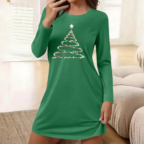 Sakmal Womens Nightgowns Christmas Moo Moo Sleepshirt Green Crew Neck Long Sleeve Ladies Nightgowns XL
