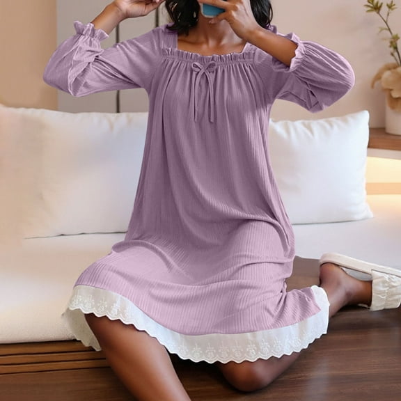 Sakmal Womens Nightgowns Victorian Square Neck Plus Size Pajama Sleep Dress Long Sleeve Purple Ladies Nightgowns M
