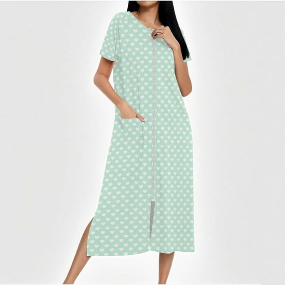 Sakmal Womens Nightgowns Zip Up Plus Size Moomoo Dress Crew Neck with Pockets Green Short Sleeve Nightgowns for Women XXL