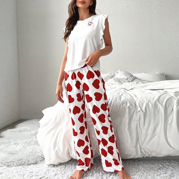 Sakmal Womens Pajama Sets Red Sleeveless Comfy Graphic Ruffle Lounge Tops