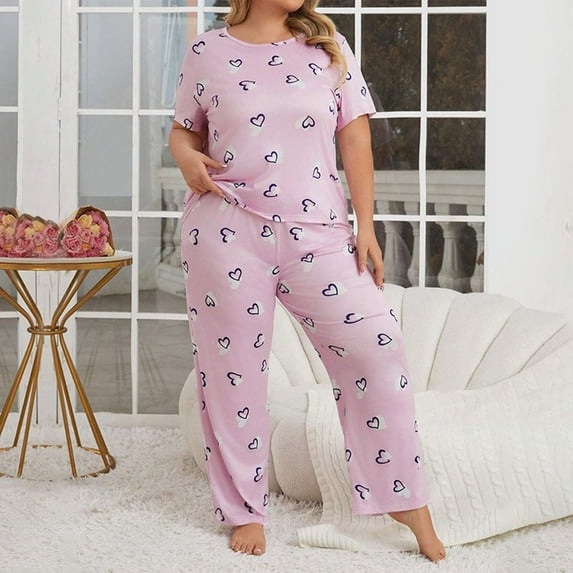 Sakmal Womens Pajama Sets Short Sleeve Pink Graphic Oversize Comfy Nightwear Tops for Ladies