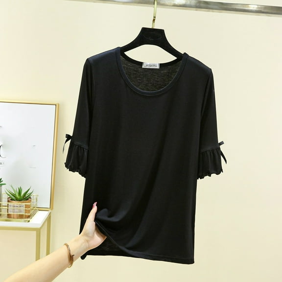 Sakmal Womens Pajama Tops Short Sleeve Pullover Cotton Tshirt Black Crew Neck Tshirt for Women M