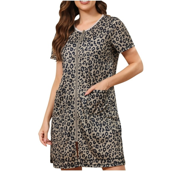 Sakmal Womens Pajamas Brown Short Sleeve Nightgown Zip Mock Neck Leopard Print with Pocket Night Shirts for Women Sleepwear