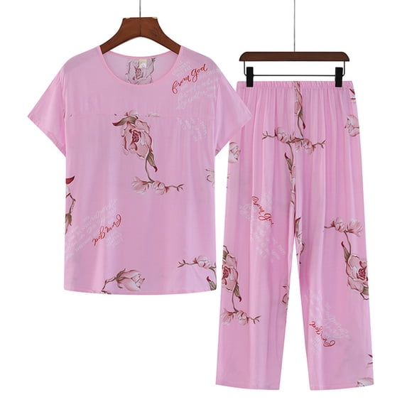 Sakmal Womens Pajamas Sets Plus Size Cropped Short Sleeve Loose Fit Floral Cotton and Linen 2 Piece Night Shirts for Women Sleepwear