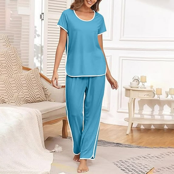 Sakmal Womens Pajamas Sets Plus Size Long Sleeve Blue Comfy Opening Solid Women'S Sleepwear