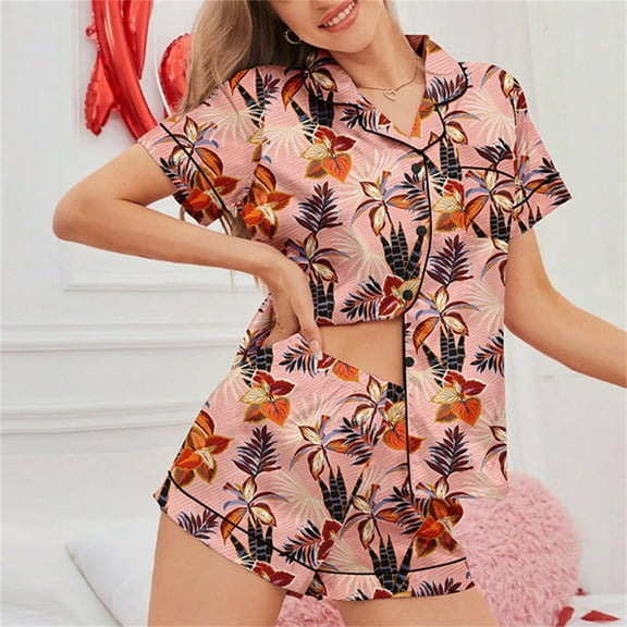 Sakmal Womens Pajamas Sets Short Sleeve Shorts Pant Red Button Down Floral Lounge Loungewear Topsfor Women