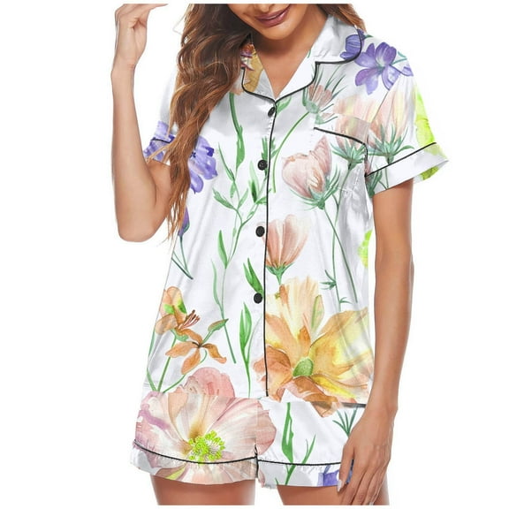 Sakmal Womens Pajamas Sets Shorts Pant Short Sleeve Button Down Floral Satin Ladies Sleepwear