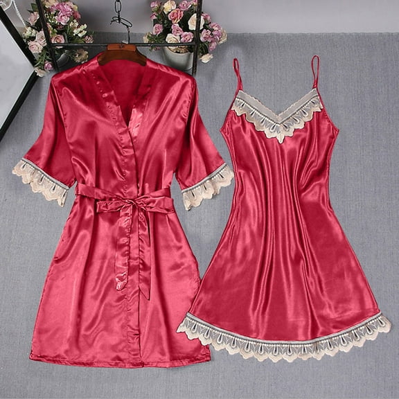 Sakmal Womens Pajamas Sets Sleeveless Shorts Pant Red Lace Solid Satin 2 Piece Women'S Sleepwear