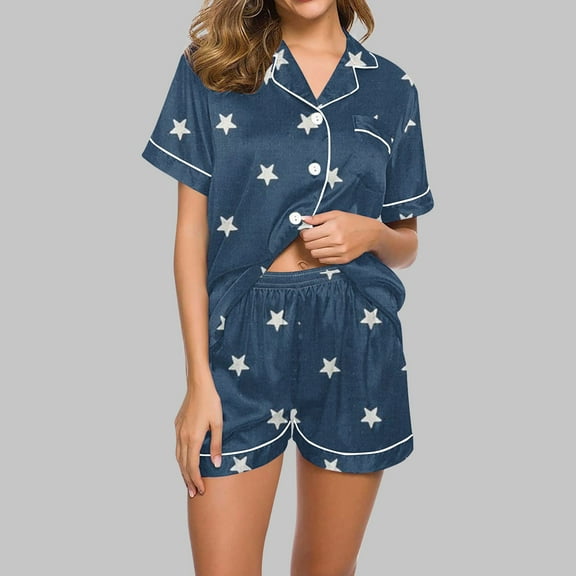 Sakmal Womens Pajamas Two Piece Matching Stars Soft Short Sleeve Shirt and Shorts Pjs ,Blue,L