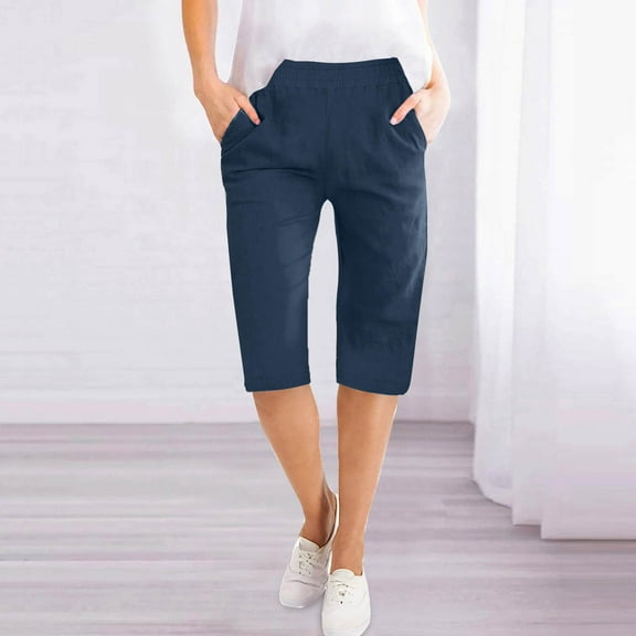 Sakmal Trendy Pants for Women 2024 Cropped Blue Solid Linen Pants Capri with Pockets Ladies Trousers