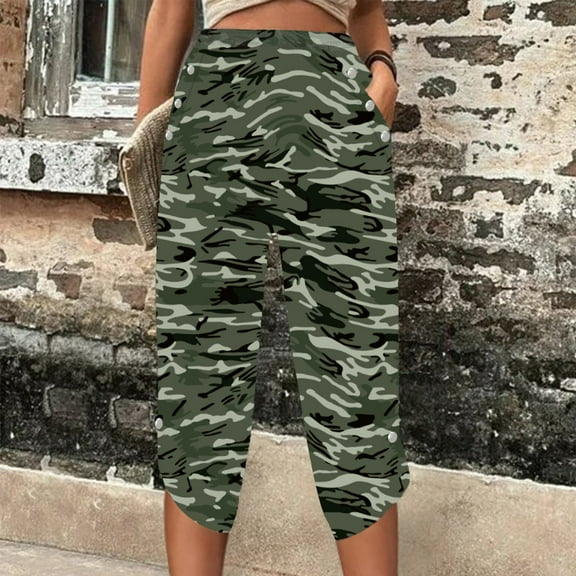 Sakmal Womens Pants Green Cropped with Pockets Camouflage Capri Trousers for Ladies