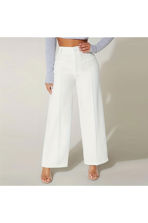 Womens Pants Dressy Khakis Work Wide Leg Trousers Full Length High Waisted White Plain Pants with Pockets