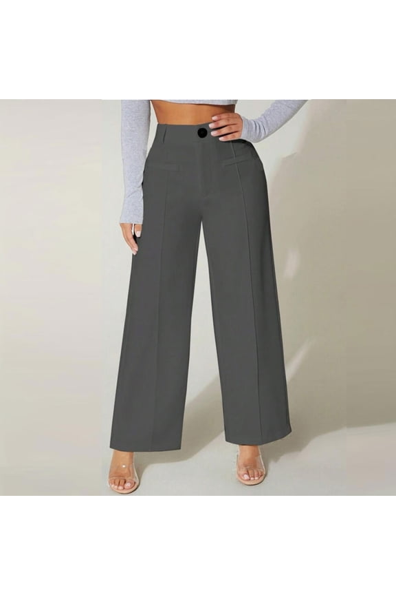 Womens Pants Wide Leg Dressy Work Khakis Trousers Full Length High Waisted Plain Gray Pants with Pockets