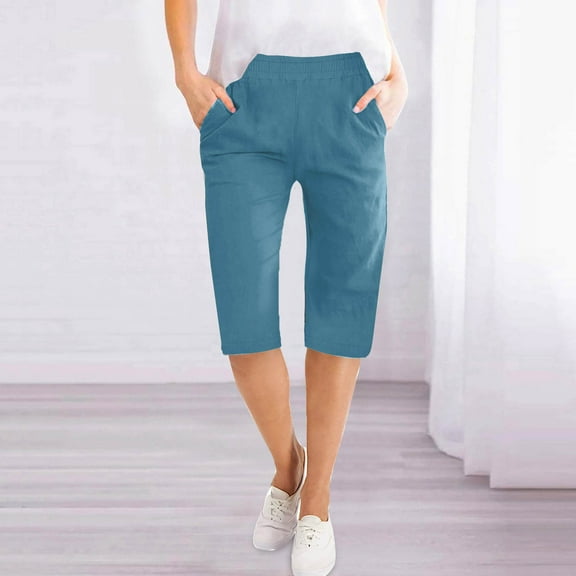 Sakmal Womens Plus Size Pants Cropped Blue Solid Capri Linen Pants with Pockets Girls Trousers
