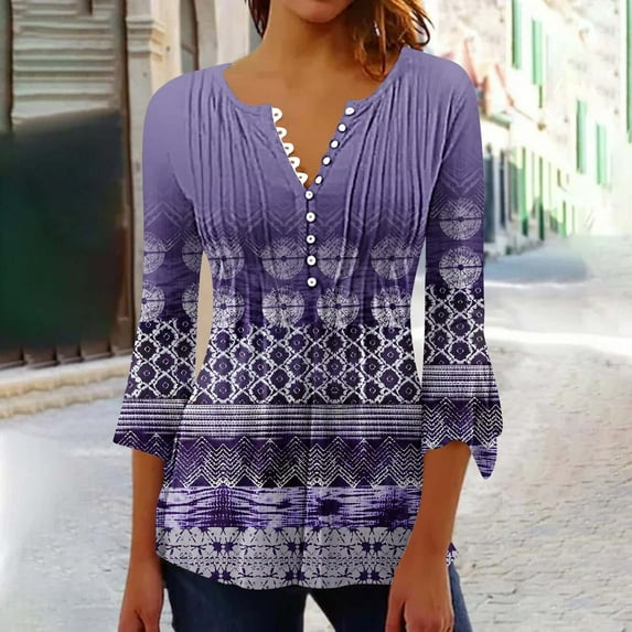Sakmal Purple Ladies Tops and Blouses 3/4 Sleeve Floral Button V-Neck Tunic Womens Shirts Plus Size