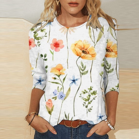 Sakmal Womens Plus Size Tops 3/4 Sleeve Yellow Floral Crew Neck T-Shirts Womens Shirts Plus Size,S