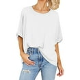 thumbnail image 1 of Sakmal Womens Plus Size Tops Elbow-Length White Crew Neck Solid T-Shirts Womens Shirts, 1 of 6