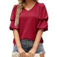 thumbnail image 1 of Sakmal Womens Plus Size Tops Short Sleeve Red Double Puff Sleeves V-Neck Solid Blouses Shirts for Women, 1 of 5
