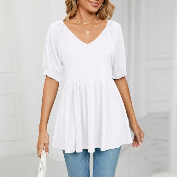 Sakmal Womens Plus Size Tops Short Sleeve White V-Neck Solid Tunic Womens Shirts Clearance