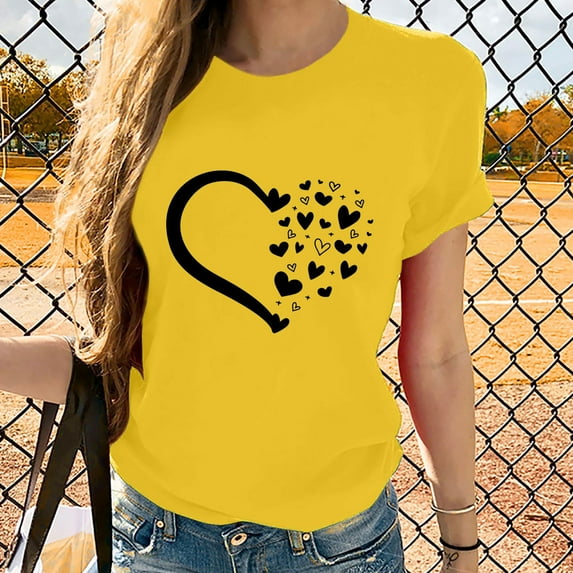Sakmal Womens Plus Size Tops Yellow Short Sleeve Crew Neck Love Heart Graphic T-Shirts Womens Shirts Plus Size
