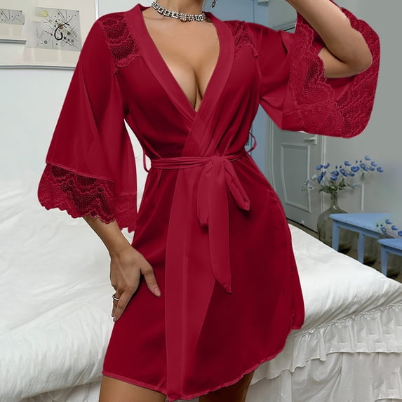Sakmal Womens Robes Knee Length Plus Size Sheer Satin Loungewear for Women Red House Ladies Robe L