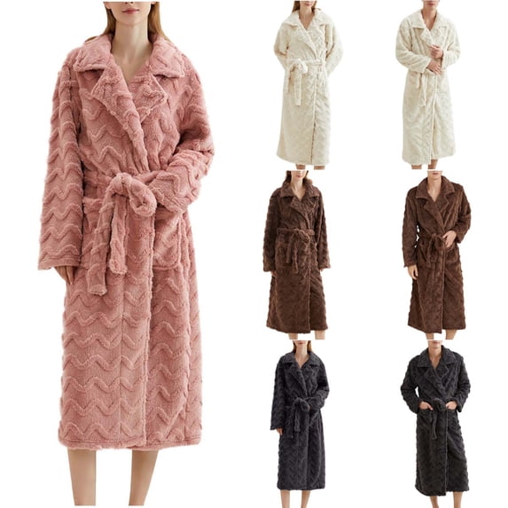 Sakmal Womens Robes Long Length Plus Size Fleece Flannel Bathrobe for Women Beige Cozy Ladies Robe with Pockets
