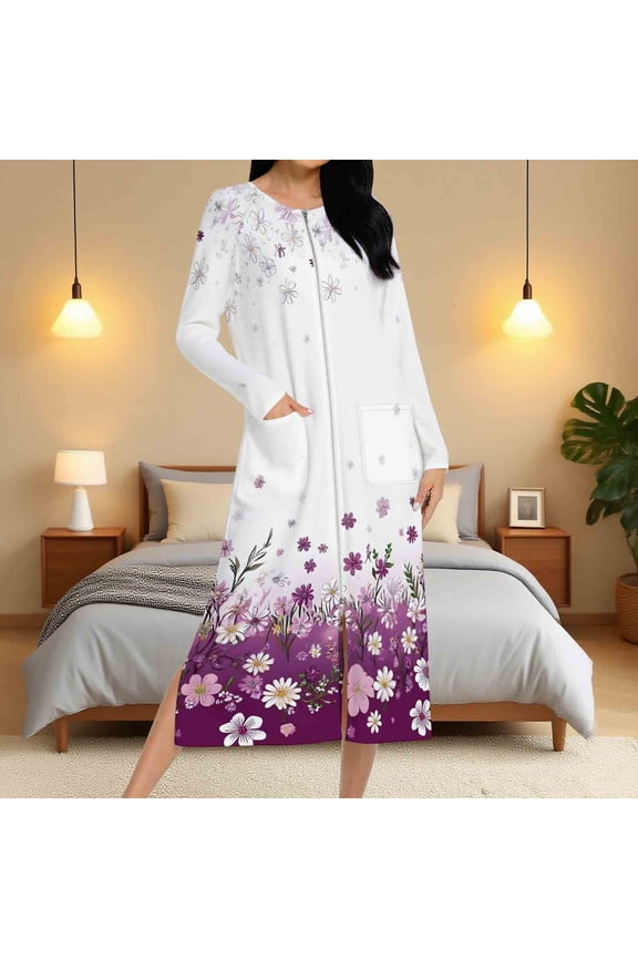 Womens Robes Satin Zip Front Long Length Plus Size Bathrobe for Women House Robe for Women with Pockets