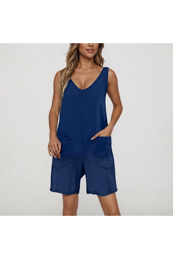 Womens Shorts Overalls Blue Denim 6" Adjustable Strap High Waisted Shorts with Pockets