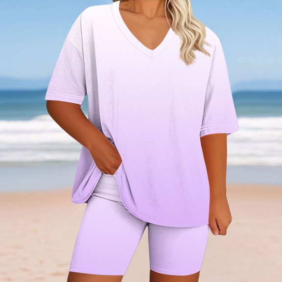 Sakmal Womens Shorts Sets Plus Szie High Waisted 2 Piece Outfits Purple Summer Gradient Shorts for Women with Pockets