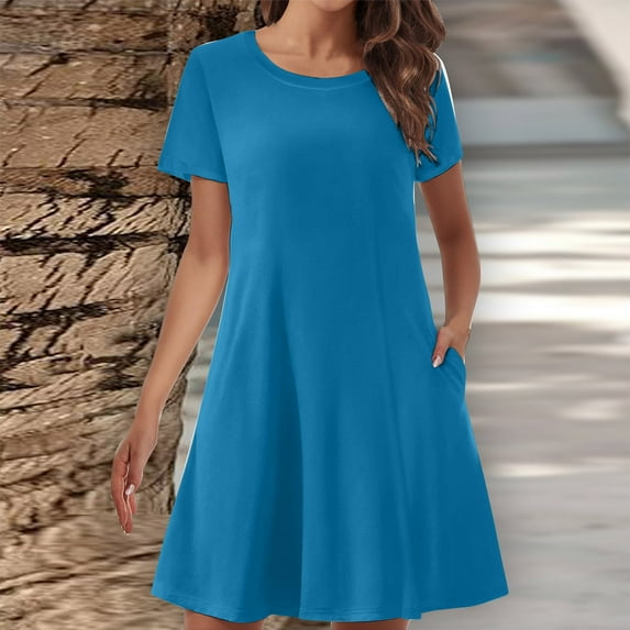 Sakmal Womens Summer Dresses Crew Neck Blue Mini Short Sleeve with Pocket Solid Shift Dress