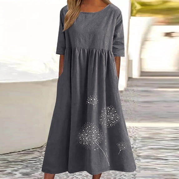 Sakmal Womens Summer Dresses Dark Gray Above Knee Dresses Short Sleeve Floral Casual Ladies Dresses Plus Size