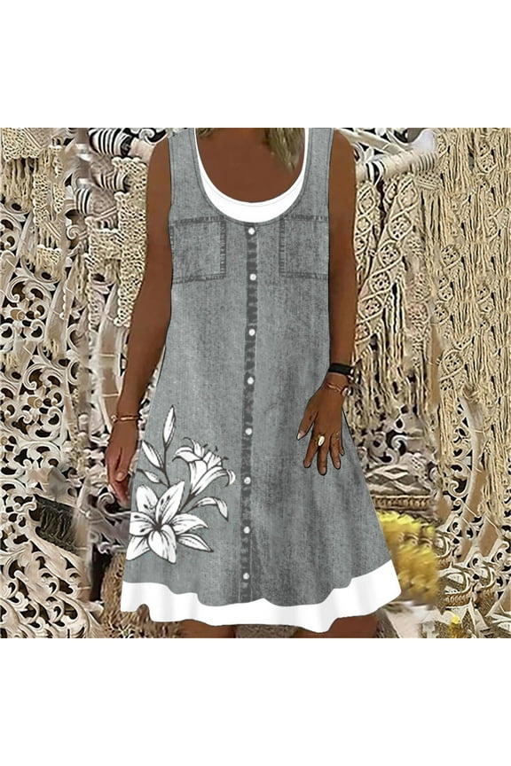 Womens Summer Dresses Knee Length Shirt Dress with Pocket Loose Denim Solid Sleeveless Womens Skirts