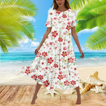 Sakmal Womens Summer Dresses Long Crew Neck Red Flowy Short Sleeve Floral Loose Fit A-Line Dress