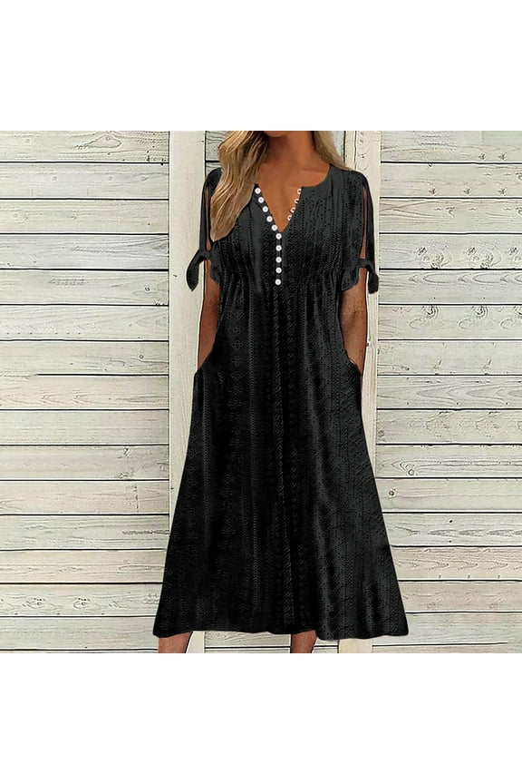 Womens Summer Dresses Maxi Black Shirt Dress Short Sleeve Solid V Neck Dresses with Pockets