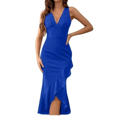 Sakmal Womens Summer Dresses Mid-Length V-Neck Blue Opening Solid Sleeveless Slim Asymmetrical Bodycon Dress