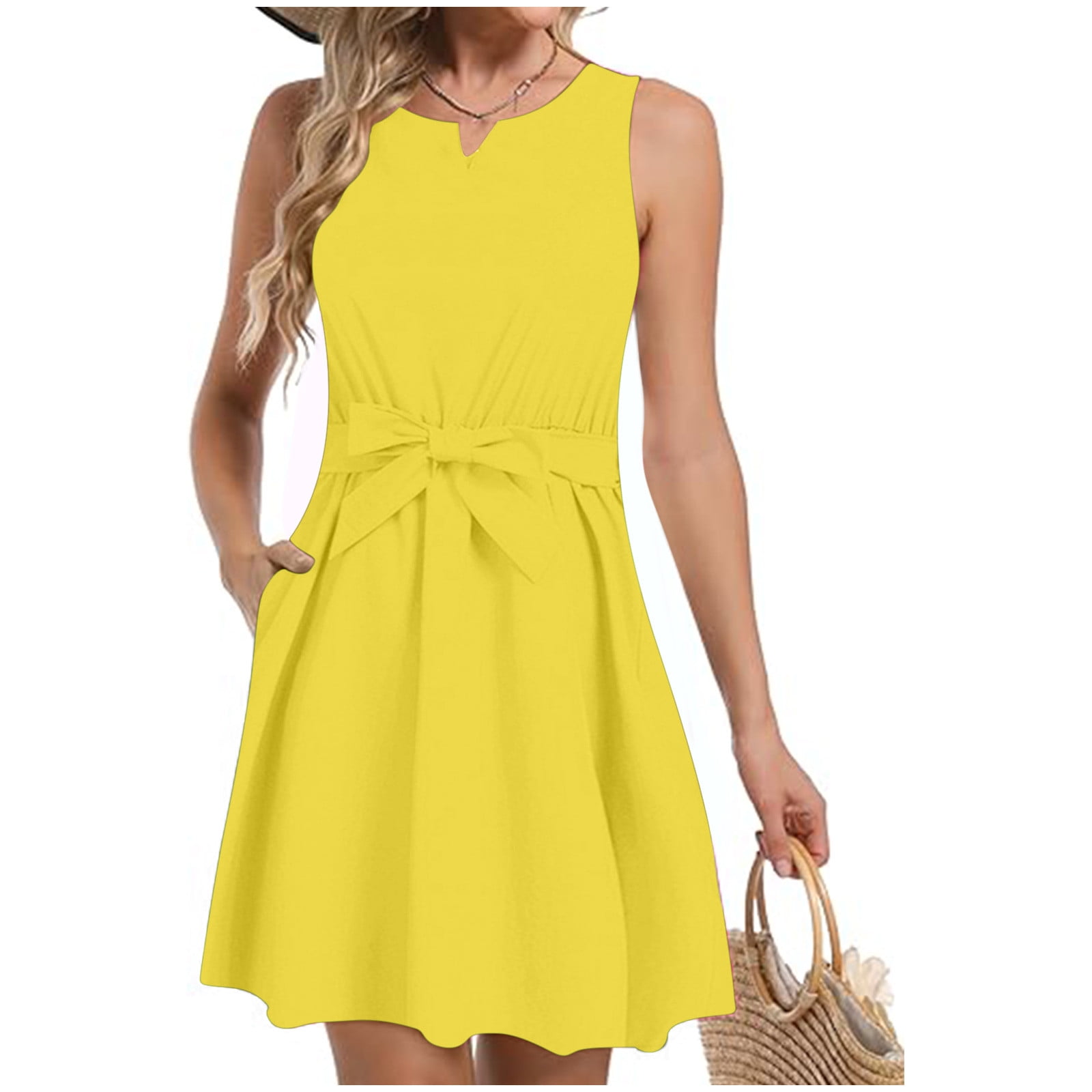 Sakmal Womens Summer Dresses Notch Neck Mid-Length Yellow Pleated Tie Sleeveless Solid A-Line Dress, Women's, Size: 2XL Sakmal Womens Summer Dresses Notch Neck Mid-Length Yellow Pleated Tie Sleeveless Solid A-Line Dress, Women's, Size: 2XL